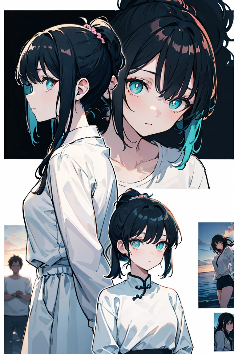 A masterpiece,Adult women,woman,Black hair,Highlights,High Ponytail,Side face,Messy hair,calm,Cyan pupils,Font,poster,jump,,Hair Bunch,White shirt,Dress fashionably,Standing picture,laid back,best quality, Illustration style,Large aperture portrait, , beautiful eyes, summer,, small, Heartwarming, Youthful and beautiful,,Regular Clothes,Black and white,, showing a natural casual style. Dynamic posture contains the golden ratio, China, White space, Strong contrast between light and shadow, Super texture, Super clear and concise pictures, presenting extremely beautiful,subtle facial expressions