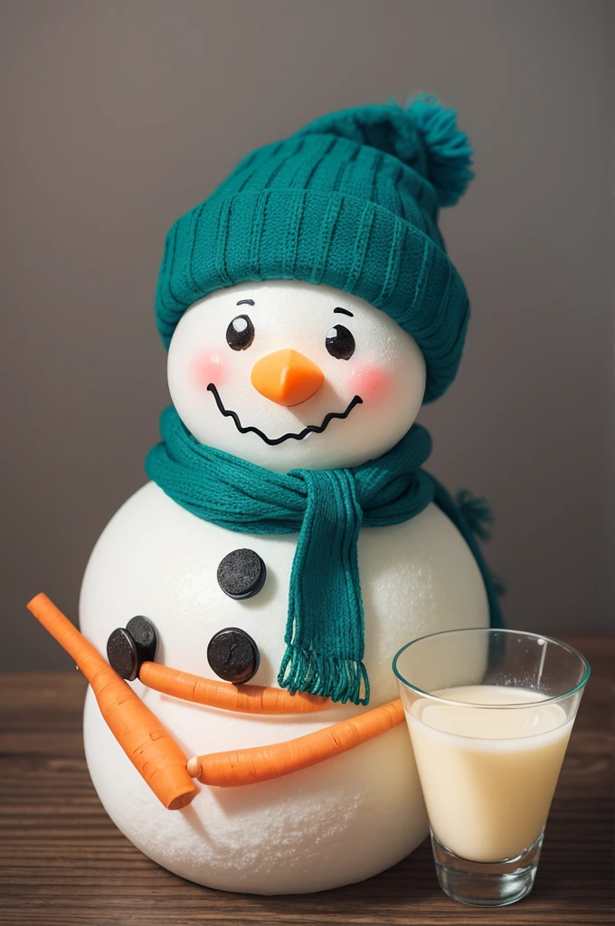 Draw a traditional snowman with three snowballs, coal eyes, a carrot nose and a smiling mouth made from small pieces of coal. The snowman is wearing a winter hat, scarf and gloves. He is holding a glass of sugarcane juice in his right hand. The cup is made of glass, filled with light yellow sugarcane juice, with a green straw. The background must be cyan and the drawing must be in 2D style