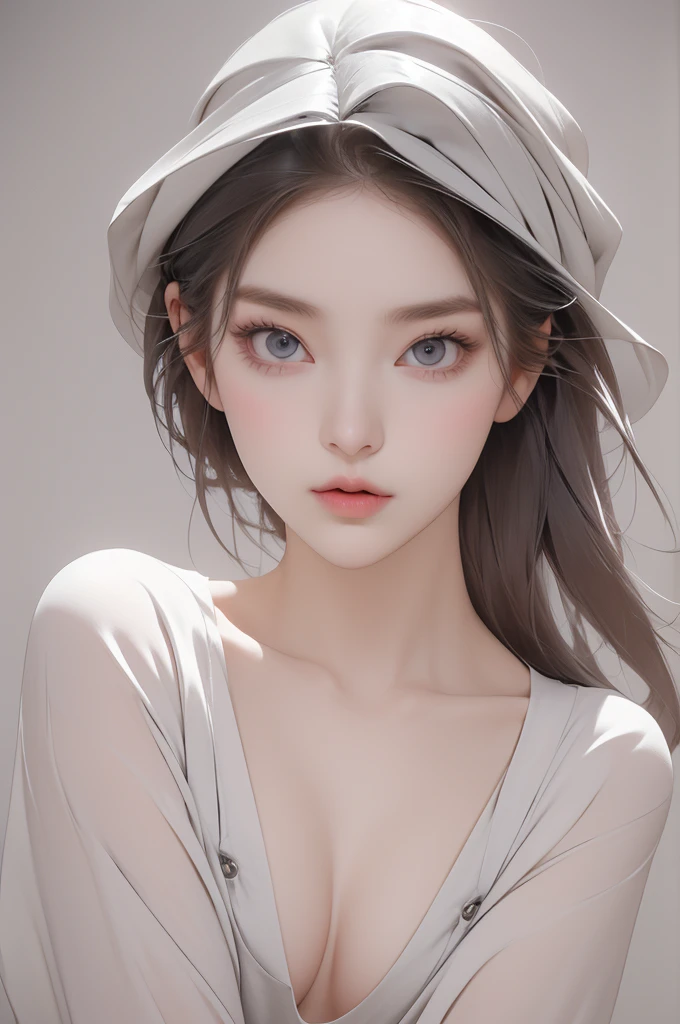 (Face Shape: Round face),(Eyes: Icy gaze that exudes modern sophistication, accented by dark and deep eyeshadow and muted eye color),(Nose: Mature and aloof, enhancing the overall sense of modernity),(Mouth: Neutral lips that hint at emotional detachment),(Skin: pure skin),(Figure:wide hip, thigh gap, small breast, slender), (Overall Impression: korea young woman), all nude