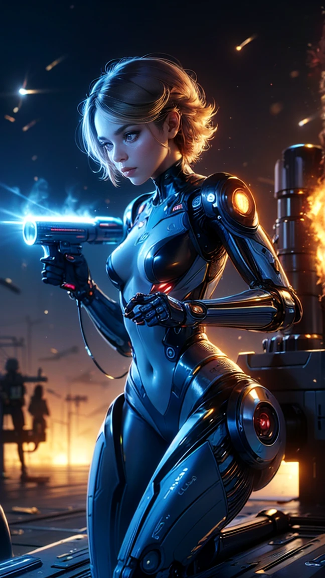 top quality, future world, State-of-the-art robot, Beautiful Woman, flying hair, Transformed into a cyborg except for the face, sexy images, whole body photo, ((holding sniper rifle:1.4, concentration, focus, shooting fire, bullet in air))