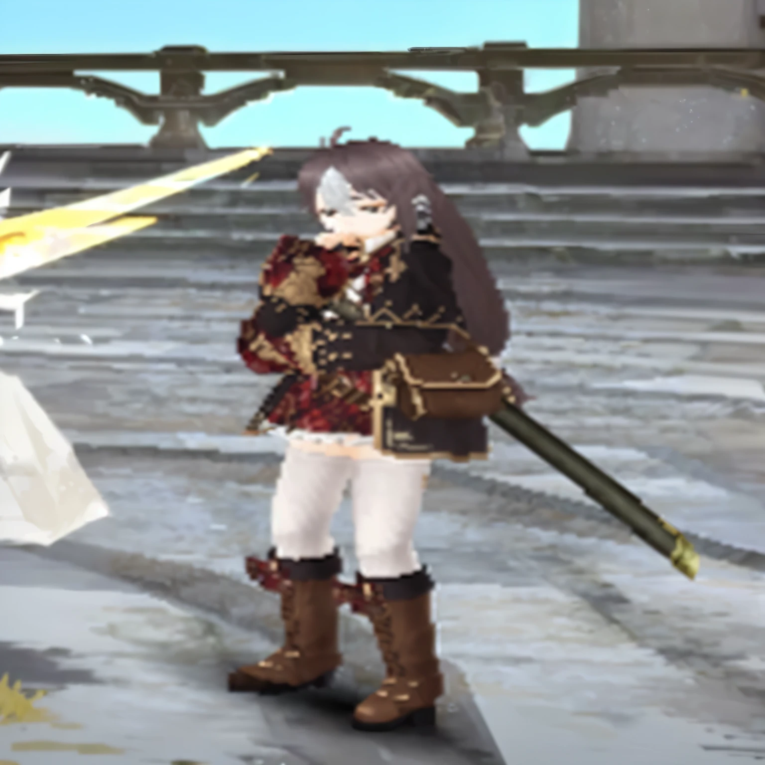 ((high quality)), ((masterpiece)), 8k, extremely detailed CG unity 8k wallpaper, cg game, looking at viewer, gloves, boots, full body, high quality 8k, swordswoman, anime girl, holding a sword, anime, jrpg fashion, shalltear bloodfallen, game genshin impact, wielding a katana, azur lane style, girls frontline style, arknights style, zenless zone zero style