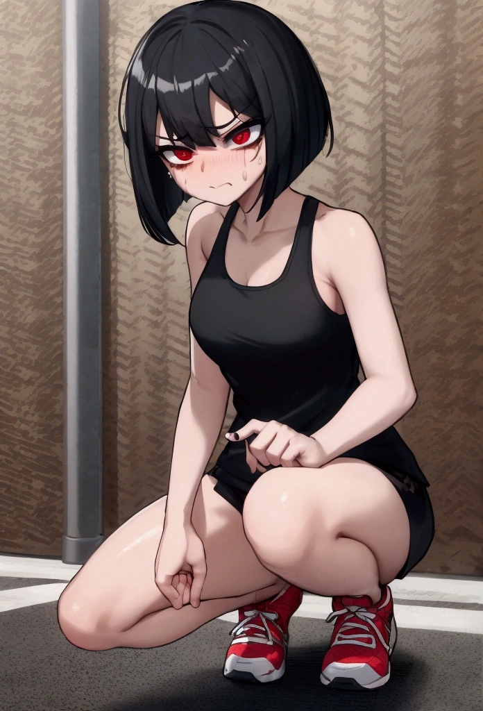 ((Masterpiece, top quality, super definition, high definition)), Solo, Full body, (21-year-old girl in a see-through swimsuit), (((Clear expression of body unevenness)), looking at the camera, glaring, fabric thin white skukumizu, (sitting with your back to the wall and knees bent), feminine body, nipple shape stands out, crotch spread, eyes red, black hair bob, zoom front, upright seat,