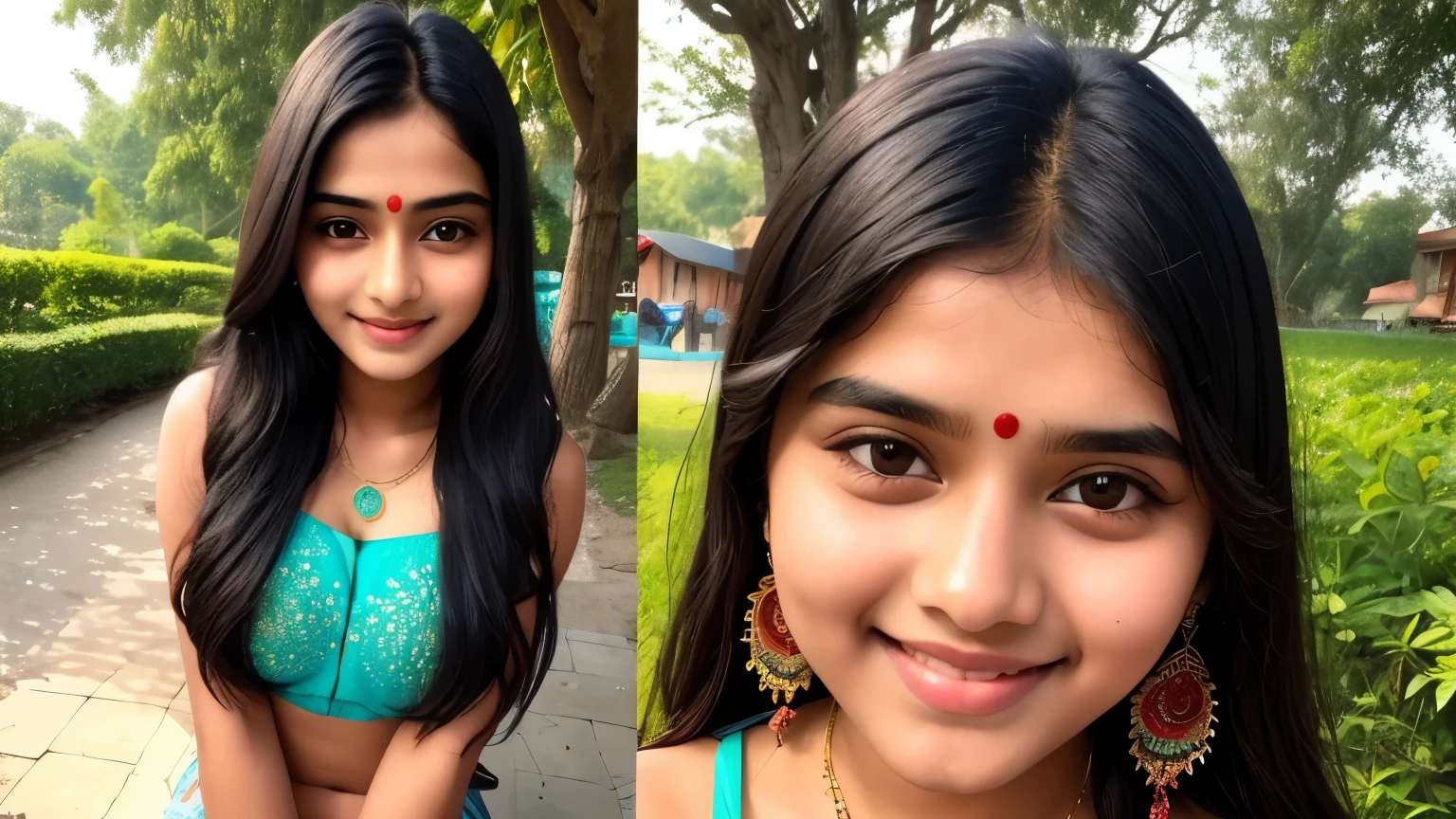 beautiful cute young attractive indian age girl, village girl, 18 years old, cute, Instagram model, long black_hair, colorful hair, indian, huge big breasts, little smiling, smooth face very realistic