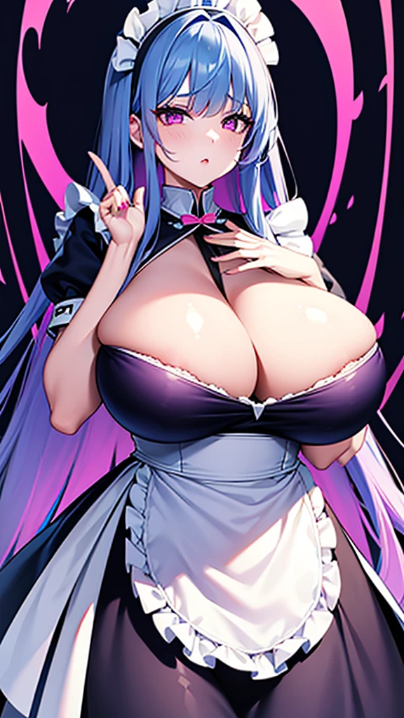 Android Girl, Girl extremely beautiful, pink eyes, long hair, blue hair, extremely huge breasts, slim waist, maid outfit, perfect face.