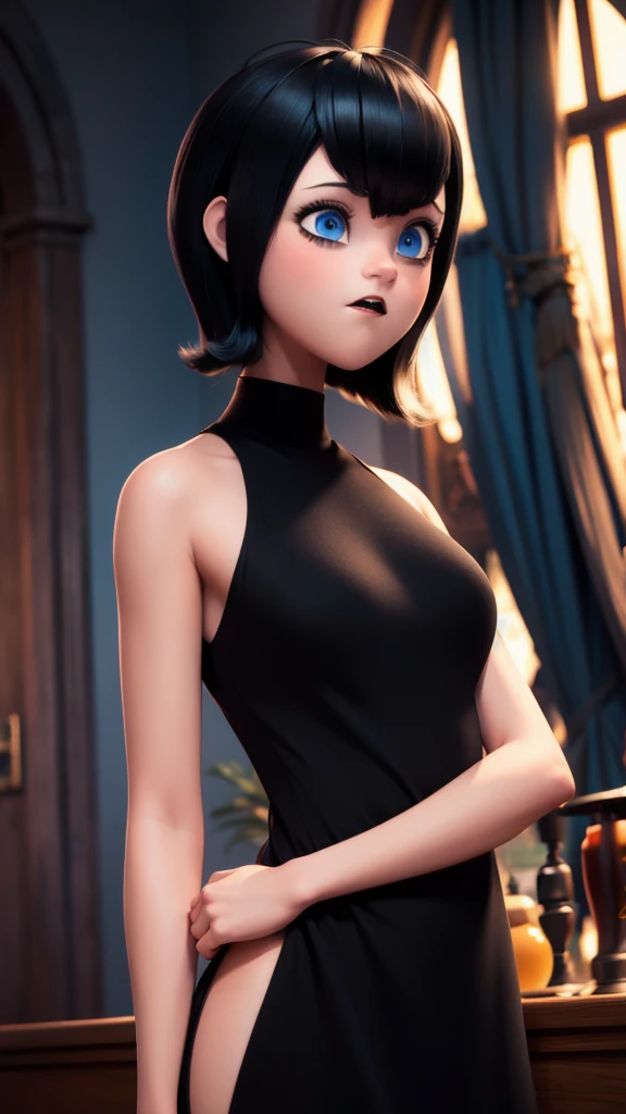 NSFW, 8k,highres, 1girl, tmavis, indoors, room light, front view, black dress, upper body, face,