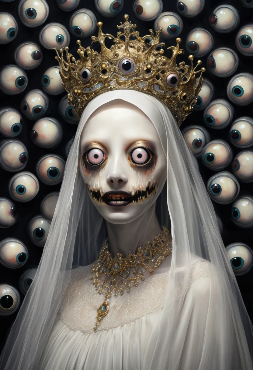 (masterpiece, best quality:1.2),Grotesque Aesthetics:1.56， Ugly faceless person，There are many eyeballs growing on the skin of the face，teeth， Solitary，Shoulder，arm，black background，crown，veil，