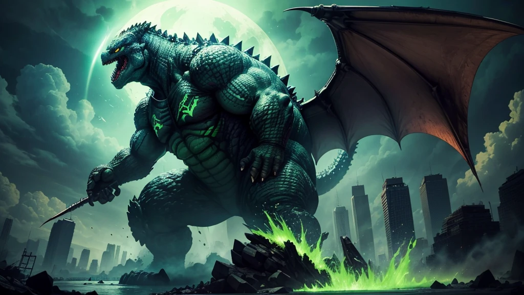 Huge radioactive Godzilla with bat wings, everything he touches corrodes with a green liquid of radiation