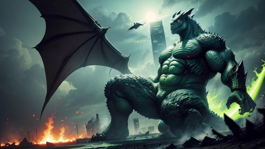 Huge radioactive Godzilla with bat wings, everything he touches corrodes with a green liquid of radiation