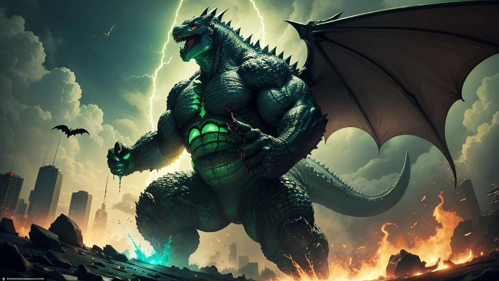 Huge radioactive Godzilla with bat wings, everything he touches corrodes with a green liquid of radiation