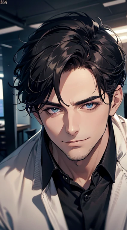 (best quality,4k,8k,highres,masterpiece:1.2),ultra-detailed,(realistic,photorealistic,photo-realistic:1.37),1 man,31 years old,mature man,very handsome,without expression,smile,short grey black hair,blue eyes,penetrating gaze,perfect face without errors,imposing posture,businessman,office background,cinematic lighting,hdr image