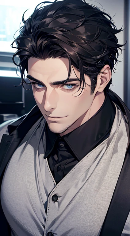 (best quality,4k,8k,highres,masterpiece:1.2),ultra-detailed,(realistic,photorealistic,photo-realistic:1.37),1 man,31 years old,mature man,very handsome,without expression,smile,short grey black hair,blue eyes,penetrating gaze,perfect face without errors,imposing posture,businessman,office background,cinematic lighting,hdr image