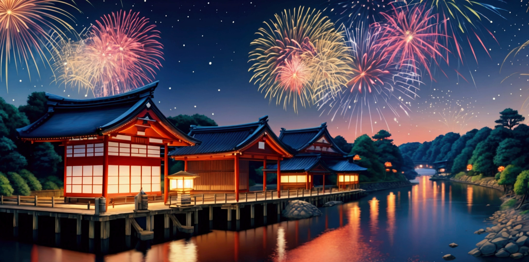 Summer festival、Japan、Fireworks on the riverbank、Simple picture、Fireworks main picture、Landscape