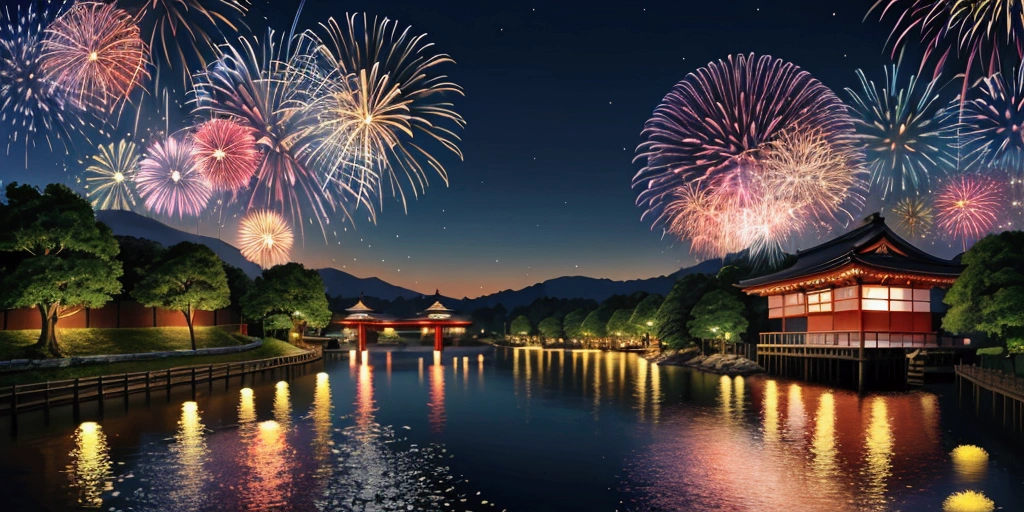 Summer festival、Japan、Fireworks on the riverbank、Simple picture、Fireworks main picture、Landscape