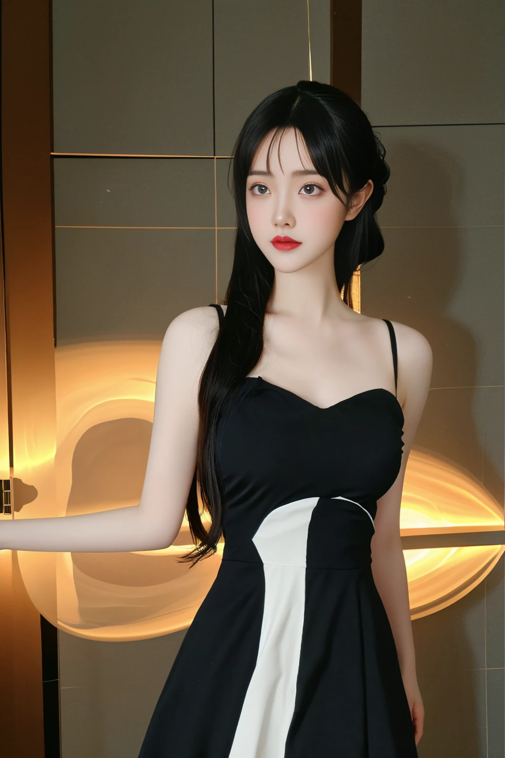8k, Ultra-high resolution, highest quality, masterpiece, surreal, photograph, 1 girl, (16 years old:1.3), pretty girl, Cute Face, Beautiful eyes in every detail, Detailed,masterpiece,, One Girl:1.2, Japan Female Announcer,medieval europe，Castle,PRİNCESS,clear,noble,Elegance,From a good family,black silk dress,Long Straight Hair,Pencil Skirt、Black high heels、Black high heels、Ultra-fine face，Fine Eyes，double eyelid,Bold Pose,Looking at the audience、beauty,Long neck、Laugh a little、Please close your mouth and laugh、(((Ideal body type))),A cup small breasts :2,whole body、Perfect ???????、Vividly detailed、detailed、surreal、Light and shadow,Strong light