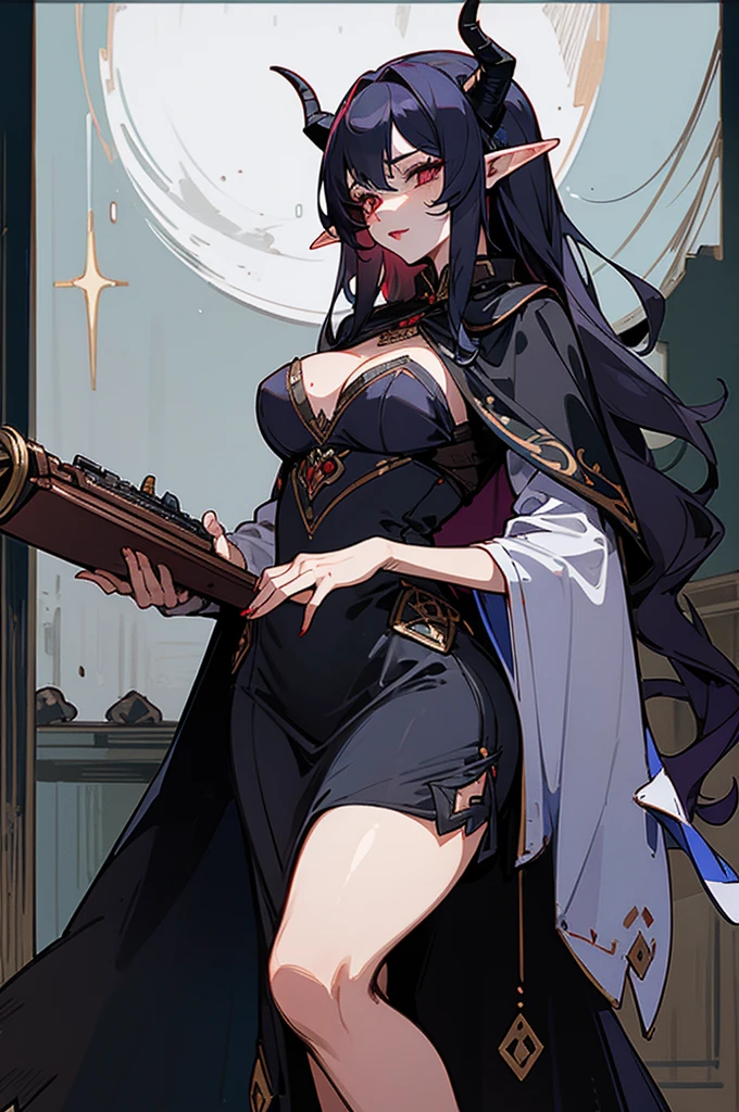 1girl, thirty years old, monster woman, black horns, solo, tavern, extremely delicate and seductive, mature, long and large soothsayer dress, deep red eyes, mid-lenght white wavy hair, elf ears, delicate skin, lipstick, makeup, mature female, dark dress with cape, black dress, embroidery, mystic atmosphere, masterpiece, best quality, 8K, luth instrument