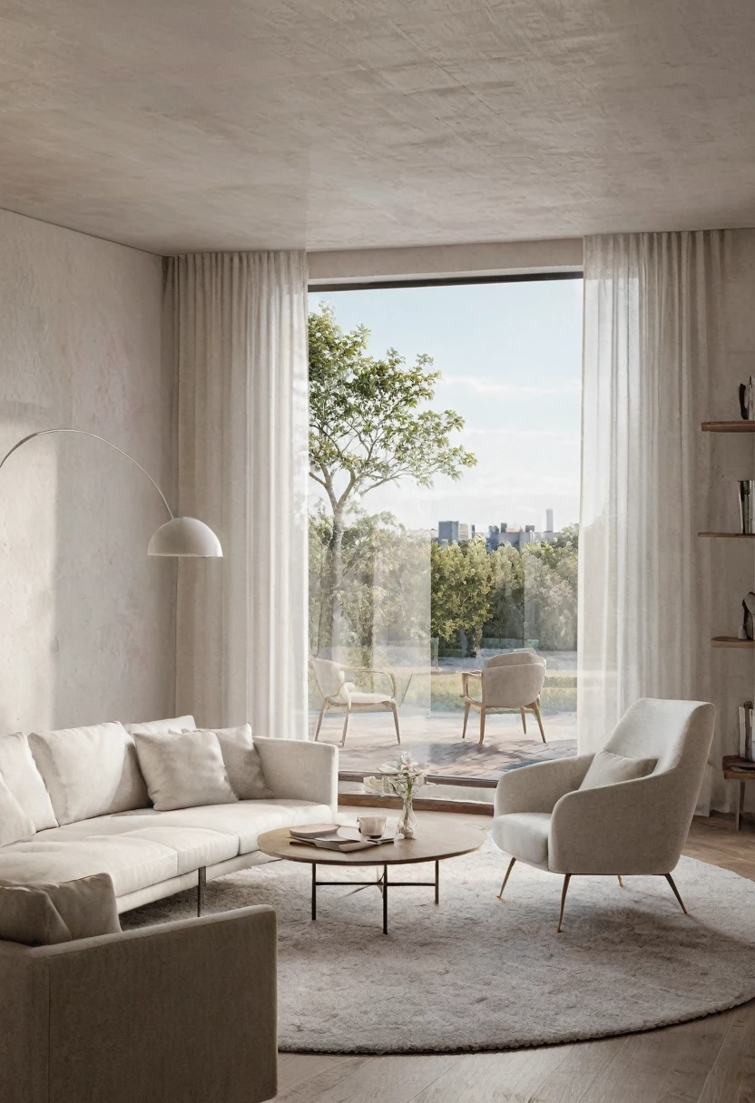 a living room with a white couch and a chair,view to through window, a 3D render inspired by Pavel Fedotov, cg society contest winner, photorealism, vray beautiful, 3 ds max + vray, style of aenami alena masterpiece,best quality