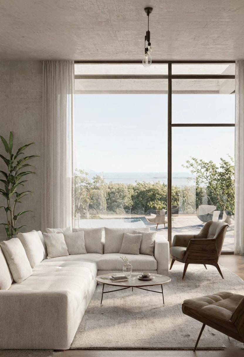 a living room with a white couch and a chair,view to through window, a 3D render inspired by Pavel Fedotov, cg society contest winner, photorealism, vray beautiful, 3 ds max + vray, style of aenami alena masterpiece,best quality