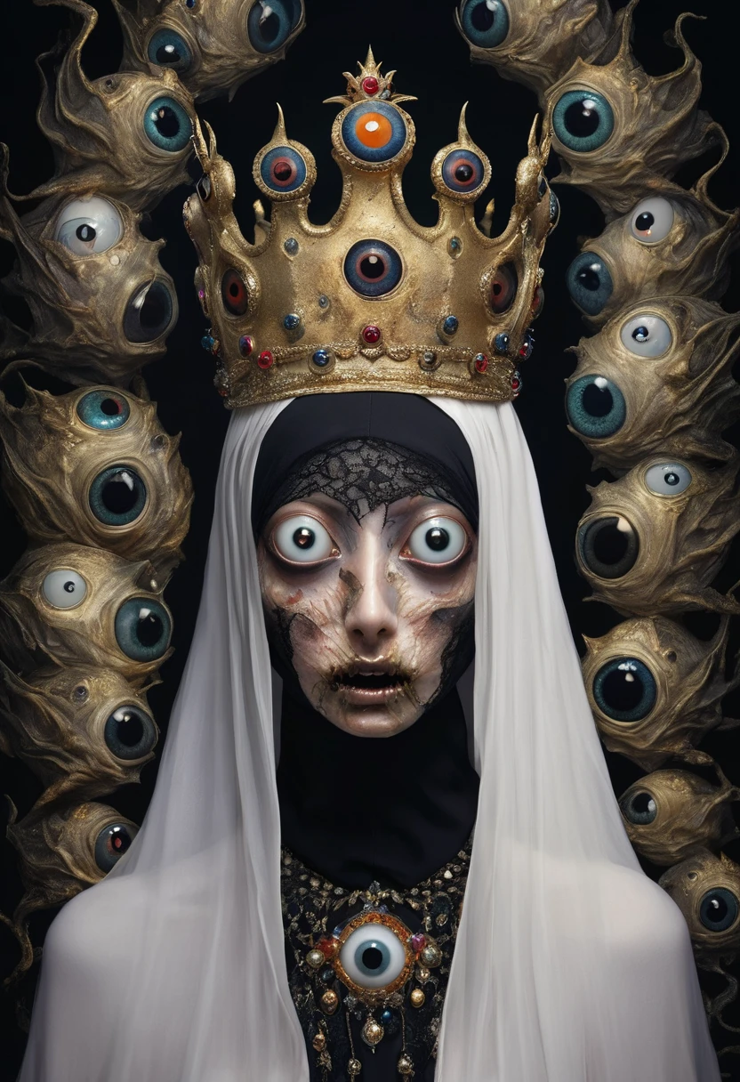 (masterpiece, best quality:1.2),Grotesque Aesthetics:1.56, Ugly faceless person,There are many eyeballs growing on the skin of the face,teeth, Solitary,Shoulder,arm,black background,crown,veil,