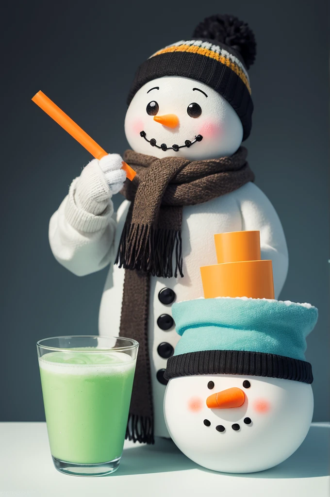 Draw a traditional snowman with three snowballs, coal eyes, a carrot nose and a smiling mouth made from small pieces of coal. The snowman is wearing a winter hat, scarf and gloves. He is holding a glass of sugarcane juice in his right hand. The cup is made of glass, filled with light yellow sugarcane juice, with a green straw. The background must be cyan and the drawing must be in 2D style