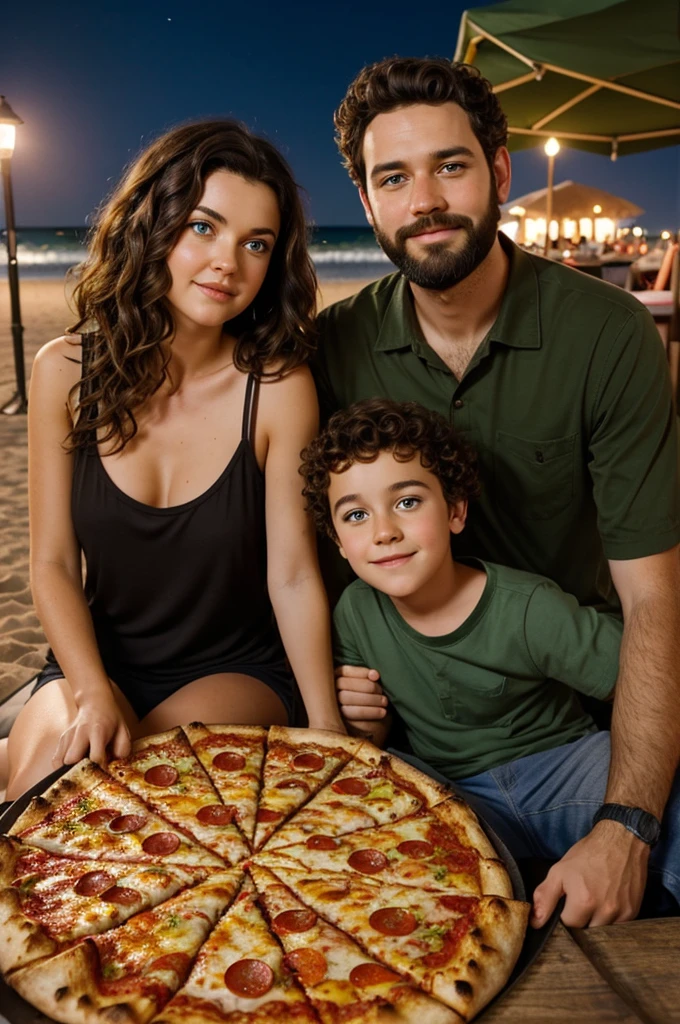 Create a Pixar photo of a couple: the boy with dark green eyes, dark brown hair and beard, the girl with dark brown hair,curly hair and dark brown eyes, at night on the beach, sitting, eating pizza and in love