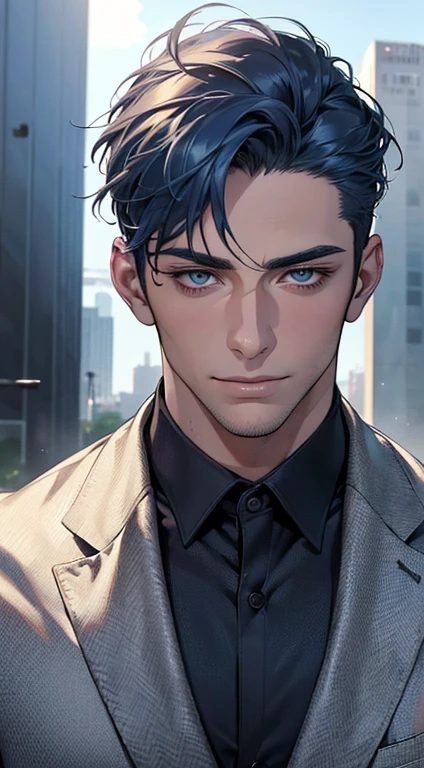 (best quality,4k,8k,highres,masterpiece:1.2),ultra-detailed,(realistic,photorealistic,photo-realistic:1.37),1 man,31 years old,mature man,very handsome,without expression,smile,short blue hair,blue eyes,penetrating gaze,perfect face without errors,imposing posture,businessman,office background,cinematic lighting,hdr image