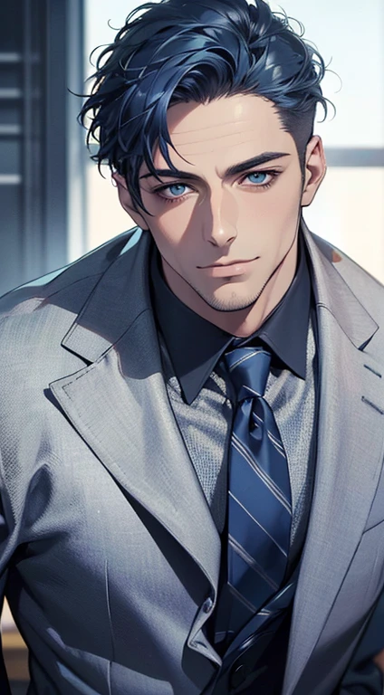 (best quality,4k,8k,highres,masterpiece:1.2),ultra-detailed,(realistic,photorealistic,photo-realistic:1.37),1 man,31 years old,mature man,very handsome,without expression,smile,short blue hair,blue eyes,penetrating gaze,perfect face without errors,imposing posture,businessman,office background,cinematic lighting,hdr image