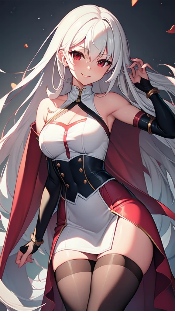 (masterpiece, best quality, ultra-detailed, best shadow), solo girl, white hair, red eyes, long hair, medium breasts, sexy body and face, wavy hair, smile, parted lips, red lips, circlet, skirt, bridal gauntlets, jewelry, cape, bare shoulders, sandals, sleeveless dress, red cape, long sleeves, wide sleeves, side slit, white dress, detached sleeves, turtleneck, ribbon, pink dress, fingerless gloves, cafe, sexy pose, cowboy shots, sharp focus, vibrant, creative, dynamic, high definition, high resolution, 8k, (Upscale: R-ESRGAN 4x+ Anime6mage enchance:4x), voluptuous body, cinema lightning, dakimakura style, looking at the viewer,