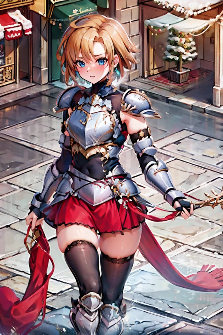 1girl,solo,　gauntlets, armored boots,breastplate, pauldrons, shoulder armor, armor, showgirl skirt, thighhighs, dare thighs, short hair, pink hair, blue eyes,