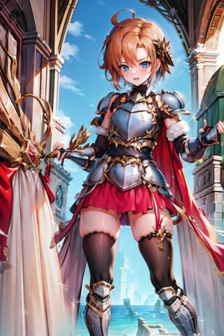 1girl,solo,　gauntlets, armored boots,breastplate, pauldrons, shoulder armor, armor, showgirl skirt, thighhighs, dare thighs, short hair, pink hair, blue eyes,