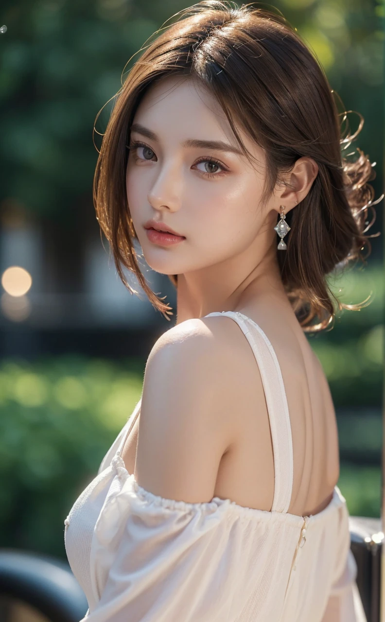 ((Best quality, 8K, masterpiece: 1.3)), full body, clear focus: 1.2, perfect body beauty: 1.4, slim abs: 1.2, (((dark brown hair,: 1.2)), dress dress: 1.1, (railway carriage: 1.1), highly detailed facial and skin texture, exquisite eyes, wearing gem earrings, off-the-shoulder, in the dark, dark, deep shadows, excellent light and shadows, soft lighting, natural light, soft shadows, warm light, side strong lighting, golden or warm hair, natural color, detailed skin texture, reflective earrings, eye gloss, details and reflective hair, warm background tones