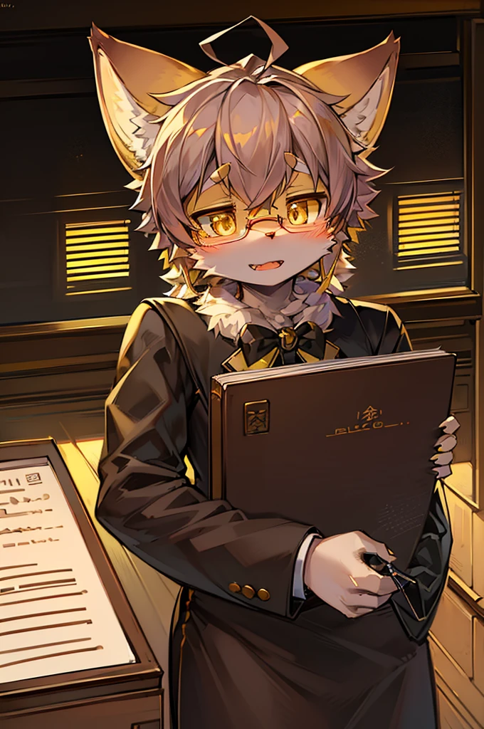 (Fluffy personification:1.3), One boy, alone, Hairy fox kemono, (Mouth closed,:0.9),Furry ears、, Ahoge, Fluffy tail(far and near method, Great background, , :0.8), (Yellow Eyes,:1.3), Glasses、tall、uniform、、document、classroom、machine、I'm writing something、