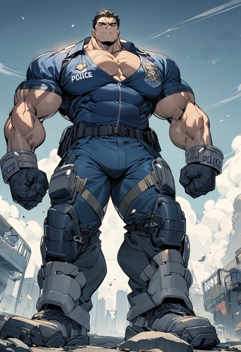 A muscular and imposing woman in a police suit.