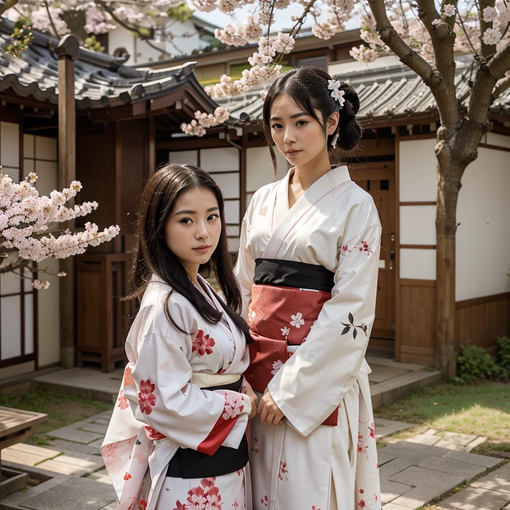 Girl in Japanese kimono with great attractiveness and shape in a sakura tree with two cats one black and the other white