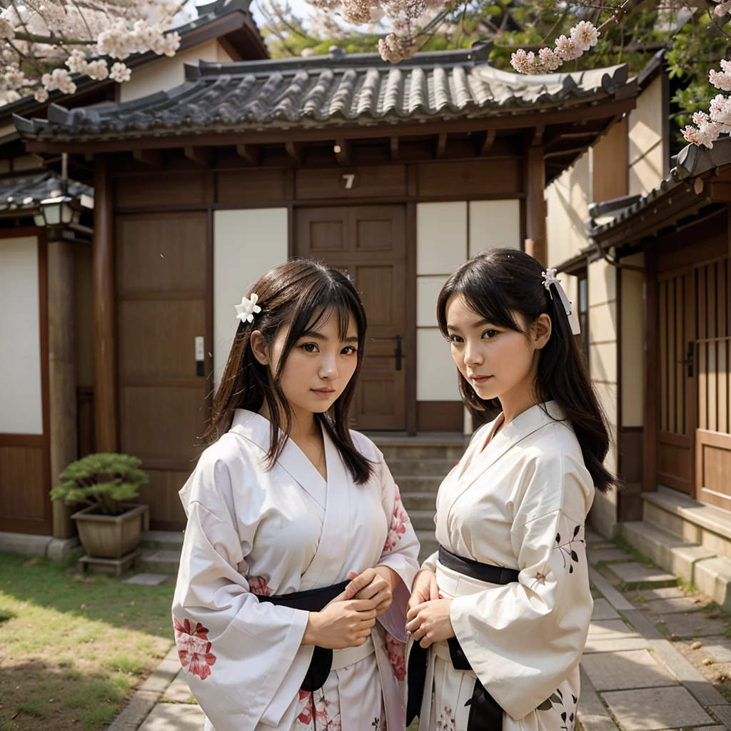 Girl in Japanese kimono with great attractiveness and shape in a sakura tree with two cats one black and the other white