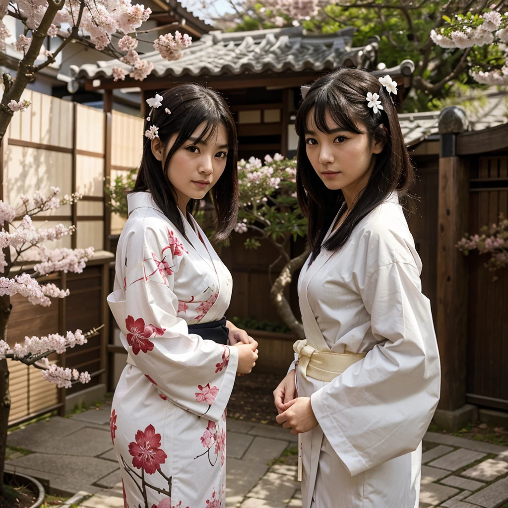 Girl in Japanese kimono with great attractiveness and shape in a sakura tree with two cats one black and the other white