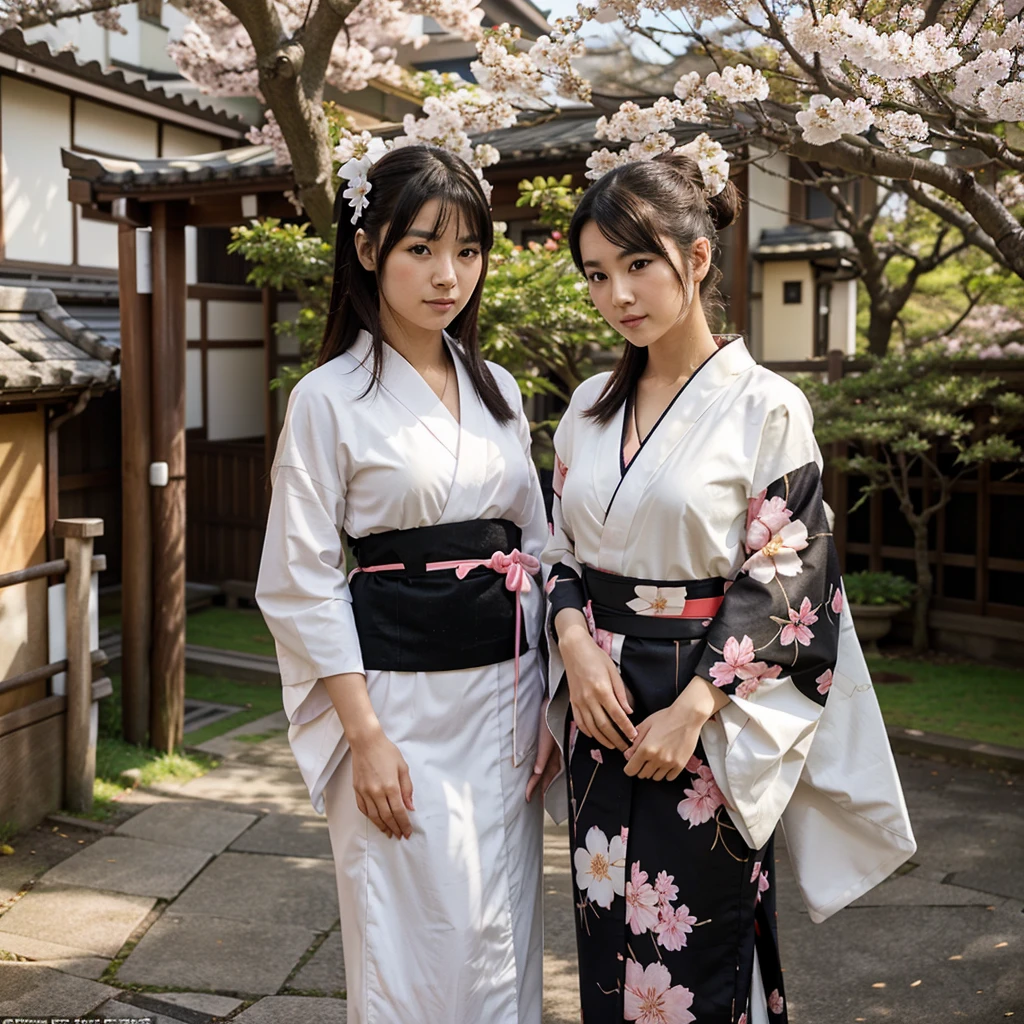 Girl in Japanese kimono with great attractiveness and shape in a sakura tree with two cats one black and the other white 