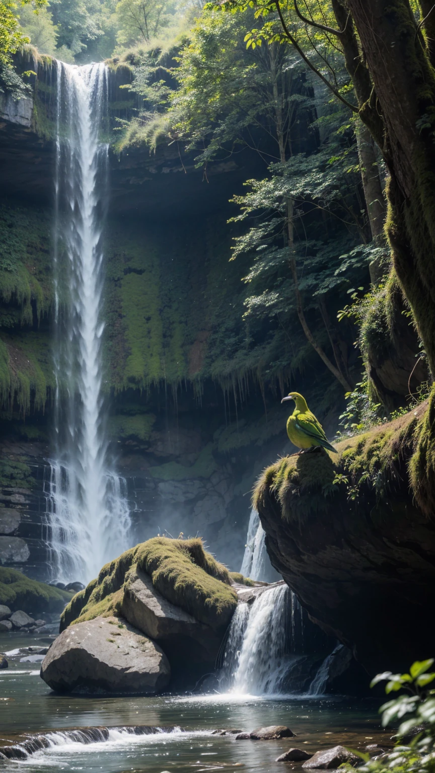 there is a large green, yellow, striped bird, on a rock in the background of a waterfall, rare bird, long tail, very beautiful and elegant, beautiful and elegant, long and elegant tail, captured in canon eos r 6, long tail, beautiful and graceful, long tails, by Sudip Roy, mischievous look, sitting on a curly branch, high-quality nature photography