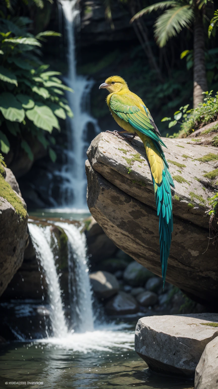 there is a large green, yellow, striped bird, on a rock in the background of a waterfall, rare bird, long tail, very beautiful and elegant, beautiful and elegant, long and elegant tail, captured in canon eos r 6, long tail, beautiful and graceful, long tails, by Sudip Roy, mischievous look, sitting on a curly branch, high-quality nature photography