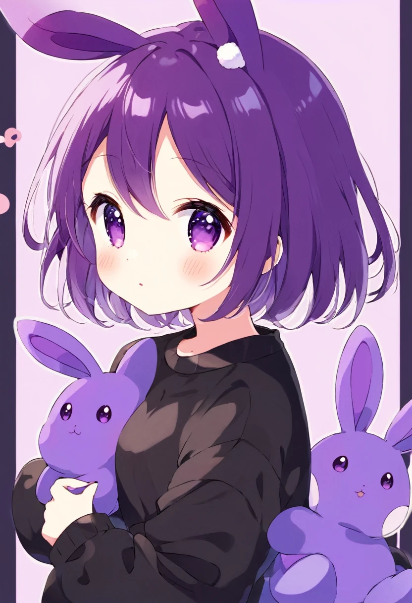  cute anime girl in black sweatshirt with short purple hair, with big purple bunny ears and purple eyes