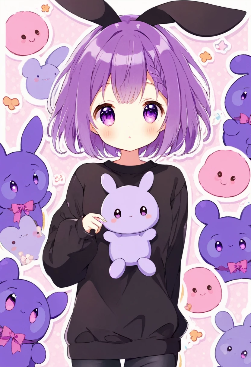  cute anime girl in black sweatshirt with short purple hair, with big purple bunny ears and purple eyes