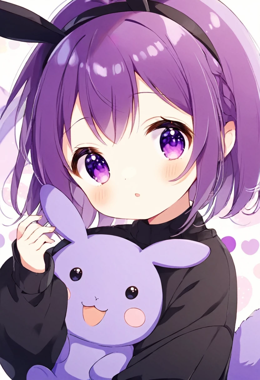  cute anime girl in black sweatshirt with short purple hair, with big purple bunny ears and purple eyes