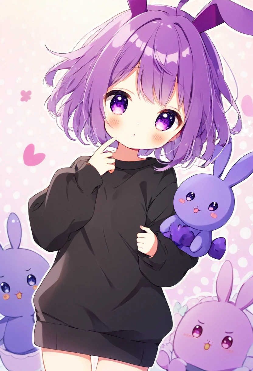 cute anime girl in black sweatshirt with short purple hair, with big purple bunny ears and purple eyes
