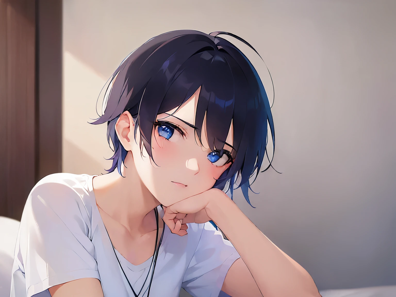 (25-year-old male:1.5) and (Black short hair) and (blue eyes) (white) and (T-Shirts)、(looking away:1.5),upper body, shiny skin, masterpiece、Highest quality、 On the bed、Hands over mouth、Sitting、blush,Sulking、(alone:1.5)