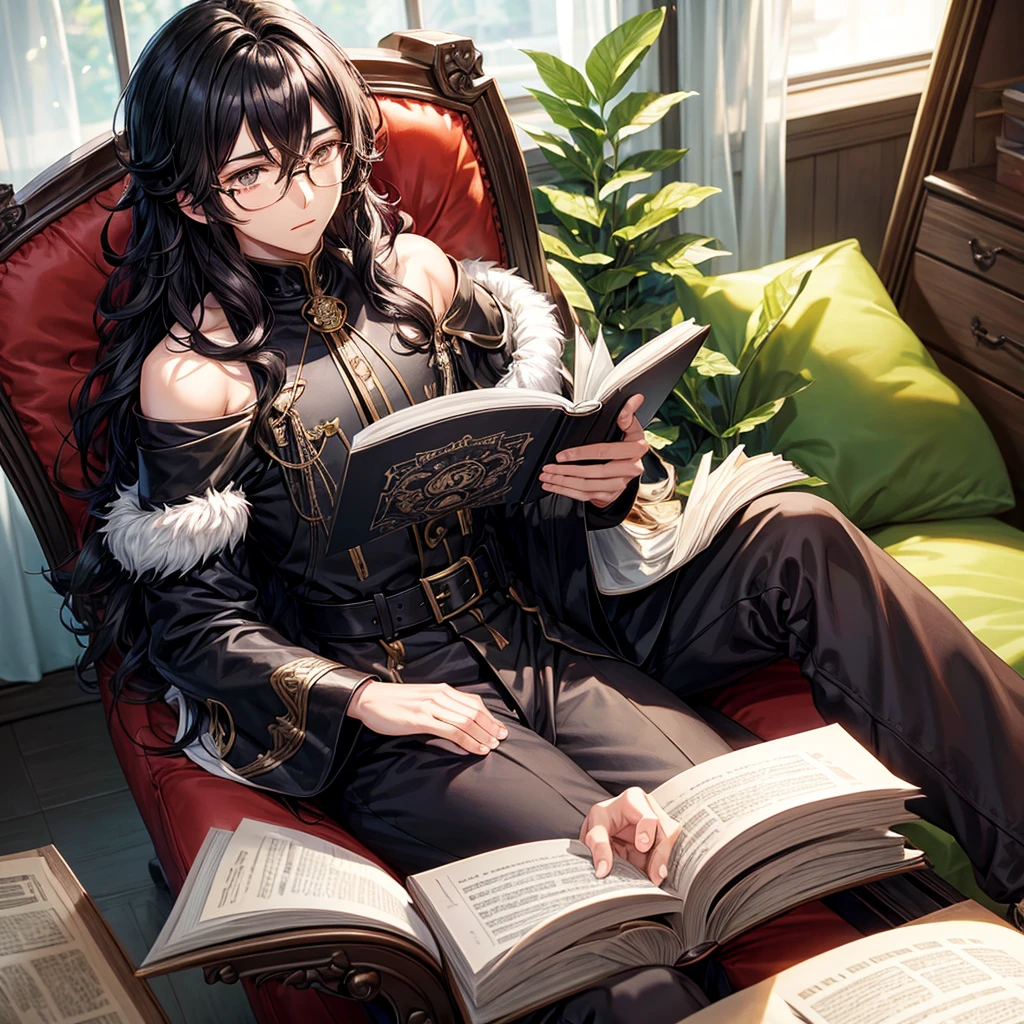 Black wavy hair anime style boy with shoulder length hair, dark brown almond eyes, white complexion and with black glasses sitting in an armchair and reading a book