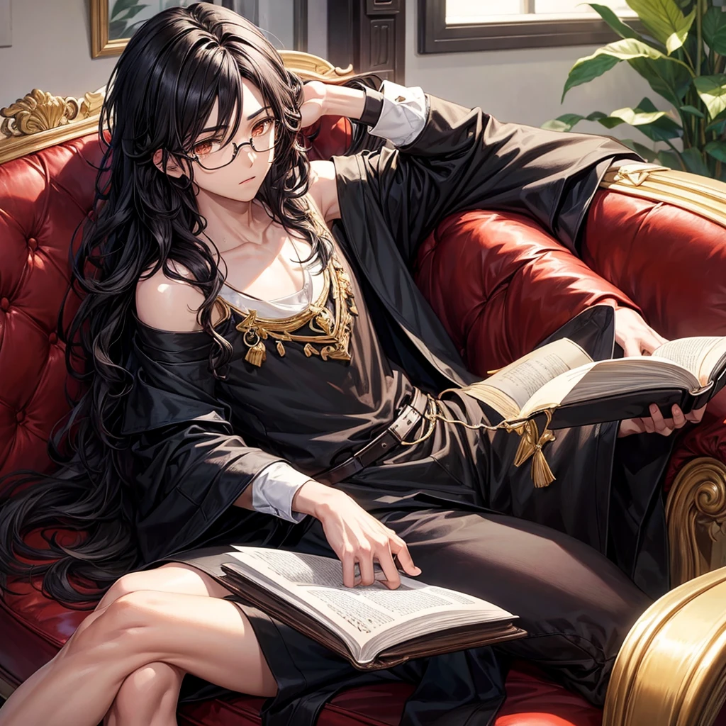 Black wavy hair anime style boy with shoulder length hair, dark brown almond eyes, white complexion and with black glasses sitting in an armchair and reading a book
