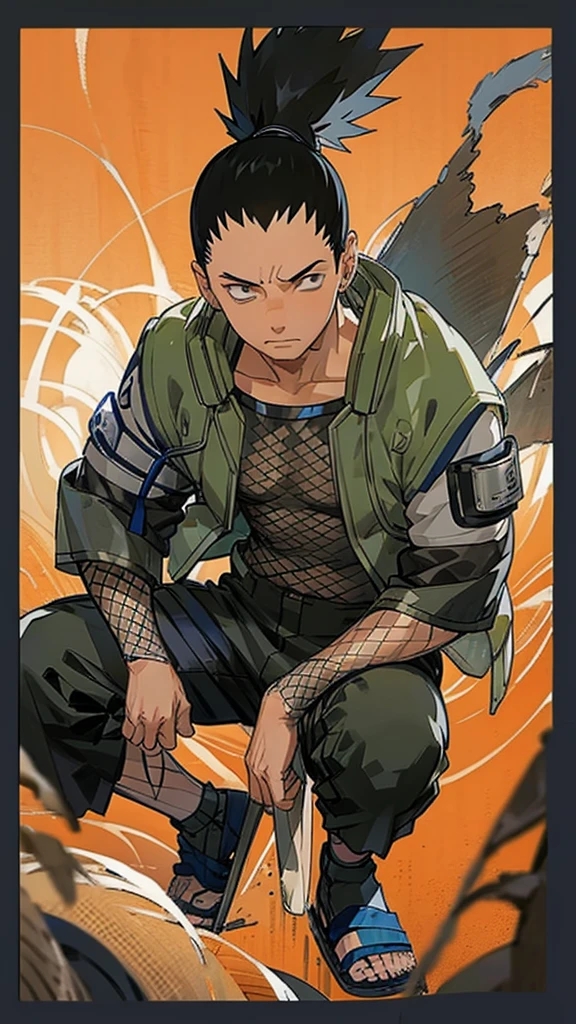 In the manga series "NARUTO" a man named "Sikamaru" with his distinctive hairstyle tied back, squats and holds a suriken. The character wears a gray jacket with rolled up sleeves, a mesh undershirt, and dark pants. There are blue details on the jacket, including the circular Konaha symbol on the left sleeve. The shoes worn are similar to open-toed sandals. with 4k HDR quality, with a cyberpunk city background,,