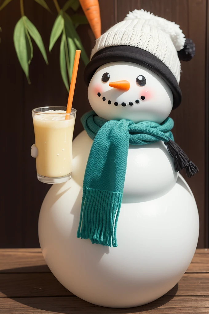 Draw a traditional snowman with three snowballs, coal eyes, a carrot nose and a smiling mouth made from small pieces of coal. The snowman is wearing a winter hat, scarf and gloves. He is holding a glass of sugarcane juice in his right hand. The cup is made of glass, filled with light yellow sugarcane juice, with a green straw. The background must be cyan and the drawing must be in 2D style