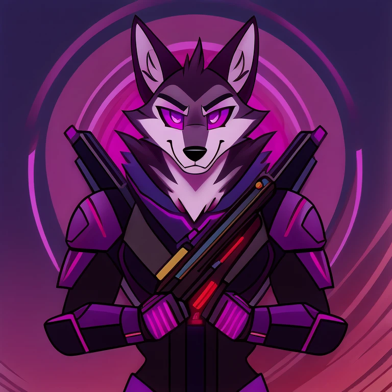 (masterpiece, best quality:1.2), Vortex hellhound, wolf, furry, helluva boss, wearing futuristic armor, using a Pulse Rifle, Energy Rifle, Futuristic assault rifle, hypnotized with completely spyral glowing purple eyes with no irises or pupils