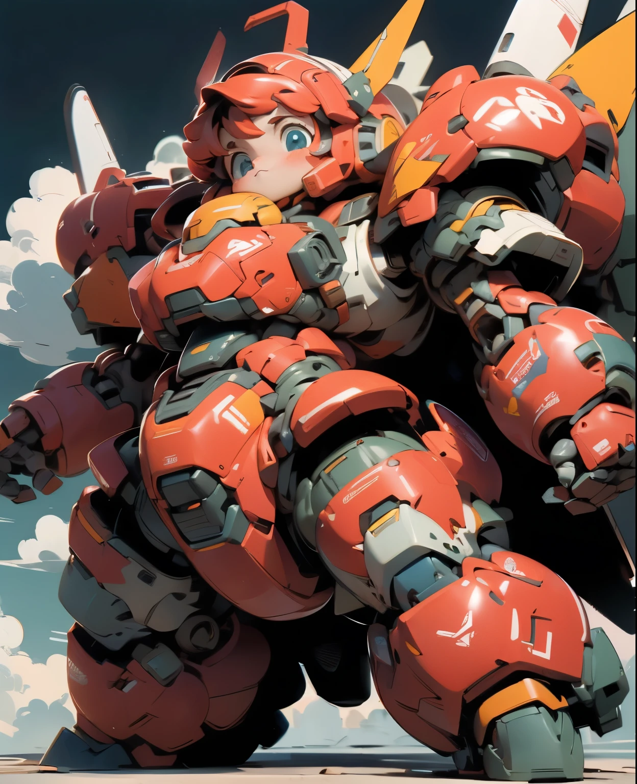 (((1 chibi girl in large red-colored robot costume, from below))), ssmile, (holding weapons), (chibi), (bulky:1.8), (((helmet:1.5))), large cute face, (((looking down:1.5))), mechanical parts, ((mechanical wings)), (full armor:1.8), (mecha armor:1.8), (shoulder guards:1.2),(huger arms), ((mechanical arms:1.5)), (short legs), (huger body:1.8), (heavy equipment:1.6), (from below), (headgear), blue sky, white clouds, robot joints, becoming a mecha, mecha, (RARS), (HRS), ROBOTANIMESTYLE, BJ_Cute_Mech,cute, girl BREAK ((masterpiece)), vibrant colors, 8k, best quality, ultra detailed illustration, ((best quality)), ((high resolution)), flawless skin textures, shiny oiled skin, extremely detailed anime eyes , extreme light and shadow