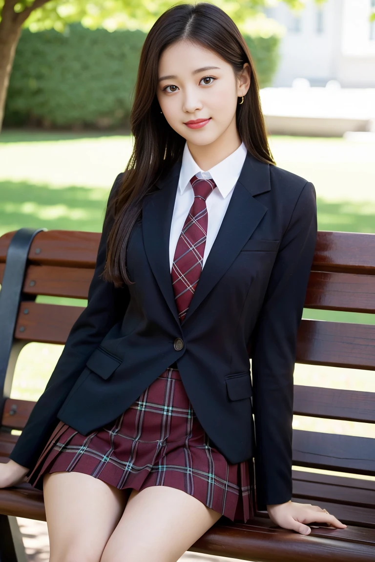 (8K), (highest quality: 1.2), (realistic), (realistic: 1.37), ultra high resolution, 1 girl, cute, smile, closed mouth, beautiful details, beautiful nose, black straight silky hair, giant dulcefo, pork, thighs,self snap,University Student Uniform,sunny day,I can see the sea,sit on a bench in the park,(Simple light brown blazer 1),(dark brown pleated skirt),dark red tie,(The pattern of the skirt and tie is a tartan check pattern...:1.3),ニーハイタイツ
